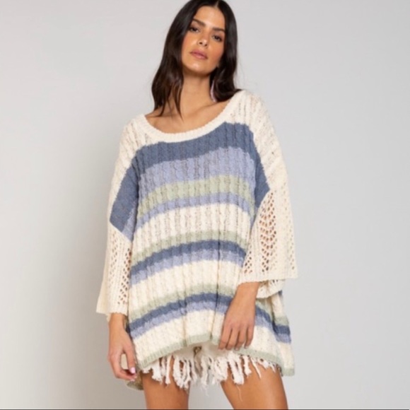 New! POL Cable Weaving Oversized 3/4 Sleeve Round Neck Multi Color Sweater Top - Picture 5 of 7